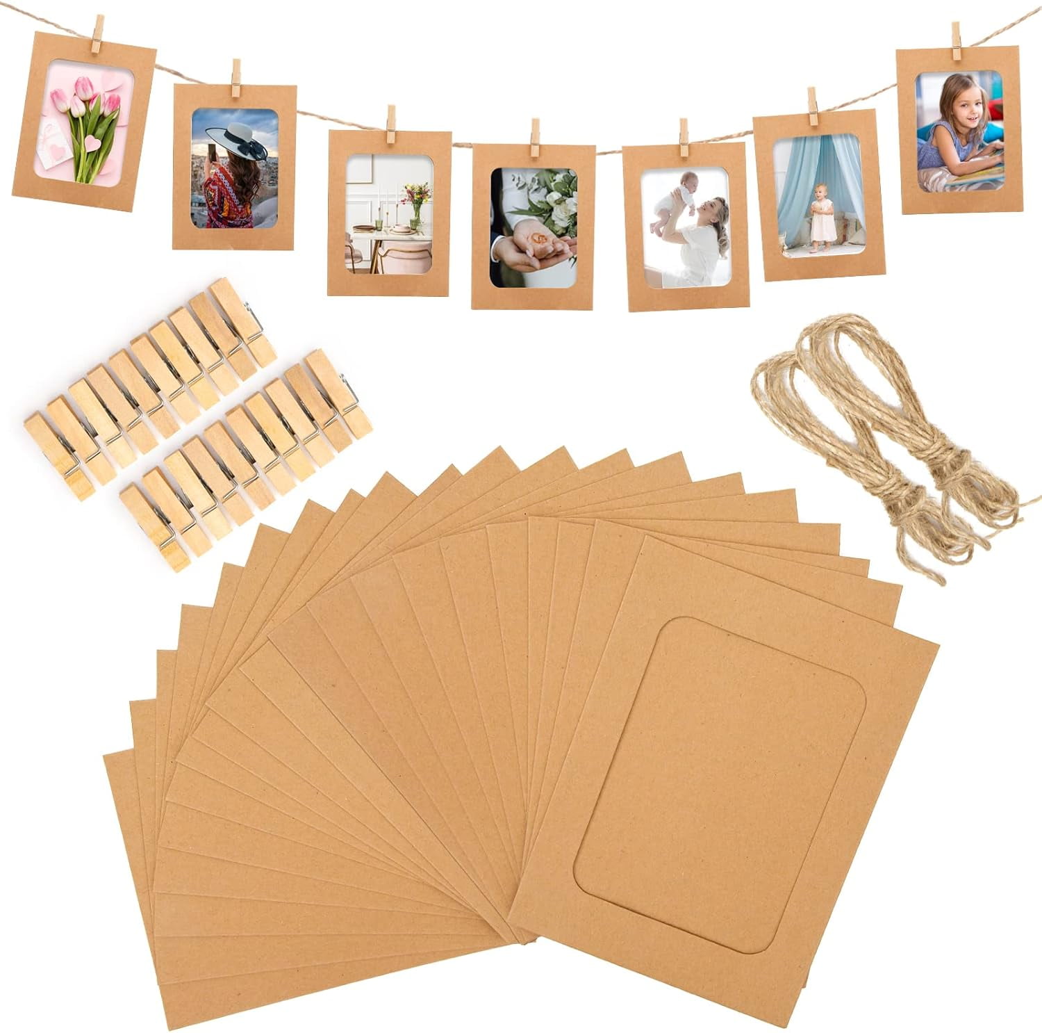 20 PCS Paper Photo Frames, 4x6 Inch Black Paper Photo Frames, Hanging Photo Display Banner, DIY Clip Photo Display Stand for Home, Office, Wedding and Party Decoration (Brown)